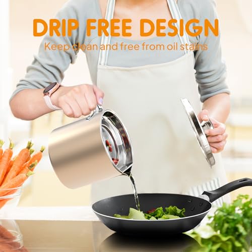 Image of Chihee Grease Container Stainless Steel 2L / 67.6 fl oz Fine Mesh Strainer | Easy to Clean Large Spout Bacon Grease Saver Cooking Oil Keeper Stoarge Can with Dust-proof Lid Non-slip Tray Kitchen Frying