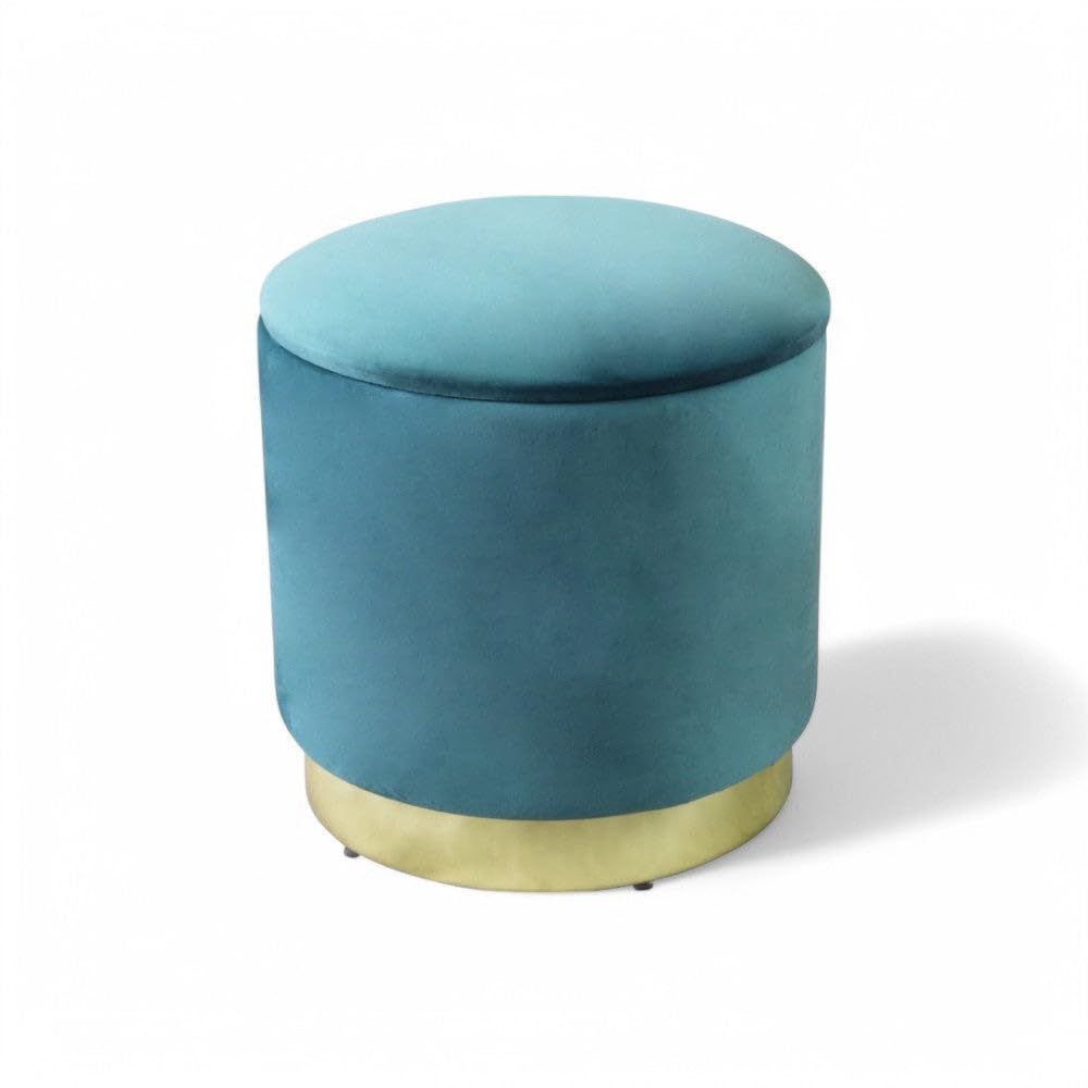 Pouf Contenitore Rotondo in Velluto Ottanio con Diametro 37xH40 cm