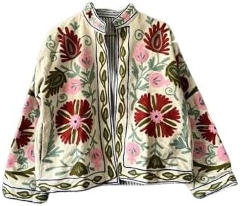 Vintage Floral Embroidered Velvet Jacket, Cream with Burgundy Pink Flowers, Stand Collar, Suzani-Style Border, Hip Length
