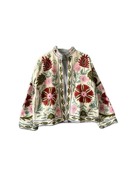 Vintage Floral Embroidered Velvet Jacket, Cream with Burgundy Pink Flowers, Stand Collar, Suzani-Style Border, Hip Length