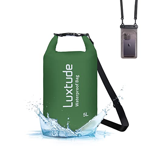 Luxtude Waterproof Dry Bag for Women Men, 5L Thicker Waterproof Backpack with Phone Case, Roll Top Floating Marine Dry Bags for Kayaking, Rafting, Hiking, Swimming, Boating, Beach etc. (Green)