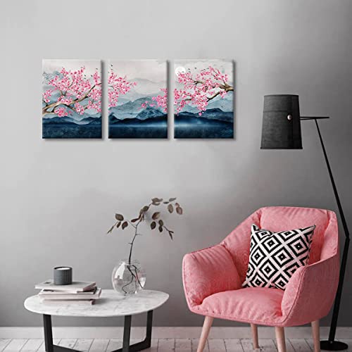 Japanese Wall Art Cherry Blossom Tree Pictures For Wall Decorations Pink Wall Decor Floral Wall Pictures For Bathroom Canvas Art For Bedroom Framed 12X16Inchx3Pcs #TOP4