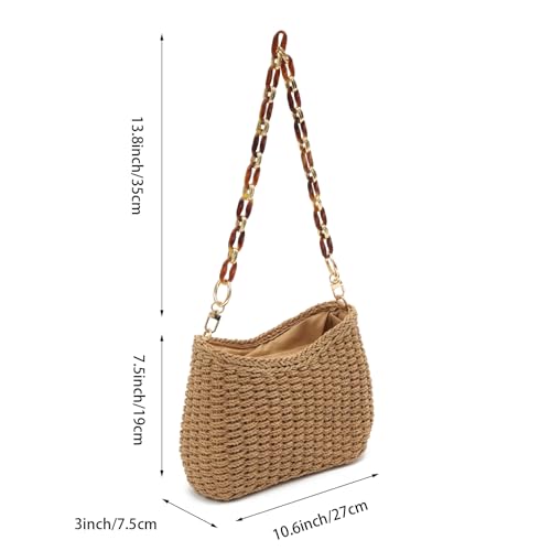 Women Woven Straw Shoulder Bag Summer Beach Chic Handbag with Acrylic Chain2
