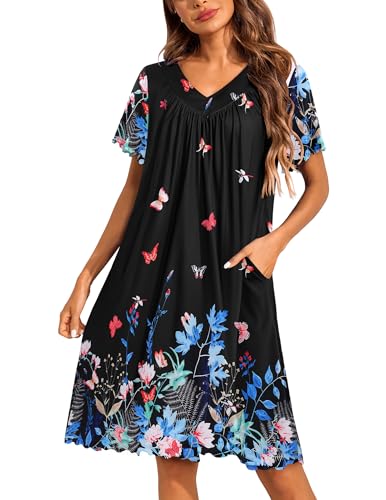 Image of Ekouaer Nightgowns for Women Short Sleeve House Dress with Pockets Pleated Soft Moomoo V Neck Sleepwear