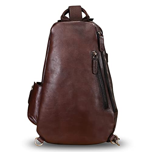 Genuine Leather Sling Bag Crossbody Purse Handmade Hiking Daypack Motorcycle Bag Retro Shoulder Backpack Vintage Chest Pack (Coffee)3