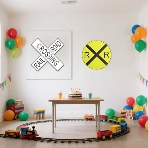 Relaxweex 3 Pcs Railroad Crossing Iron Signs Circular Metal Sign Rail Road Round Symbol Train Party Decorations for Room Decor Halloween Western Birthday Train Party Supply