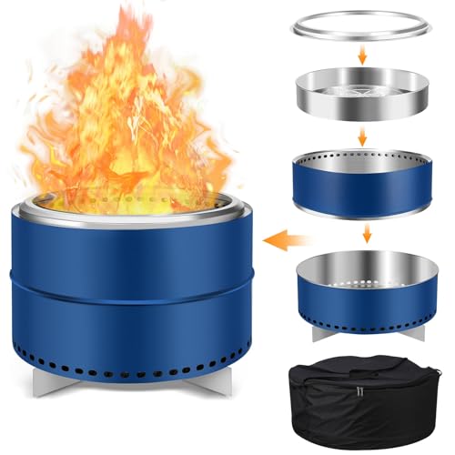 Smokeless Firepit, 27 Inch Stainless Steel Outdoor Portable Fire Pit with Removable Ash Pan and Carry Bag, Wood Burning Firepits for Outside with Stand, Ideal for 6 or More People, Blue