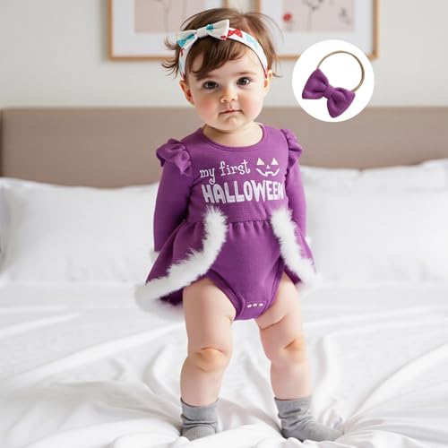 My First Halloween Baby Girl Outfit Pumpkin Romper Dress Long Sleeve Fur Trim Velvet Princess Dresses3