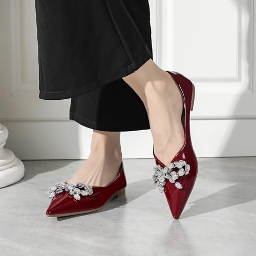 Flats for Women Comfortable Leather Pointed Toe Ballerina Shoes Rhinestone Bow Comfort Slip On Flats Light Weight Dress Shoes 6