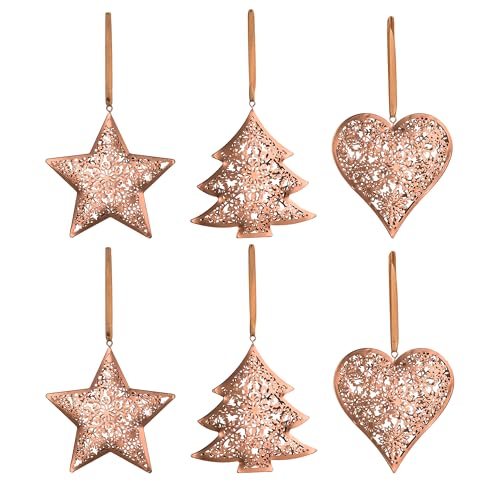 Valery Madelyn 6 adornos para árbol de Navidad de 11 cm, de bronce, para colgar en metal, corazón de hierro, estrellas, árboles, colgantes navideños