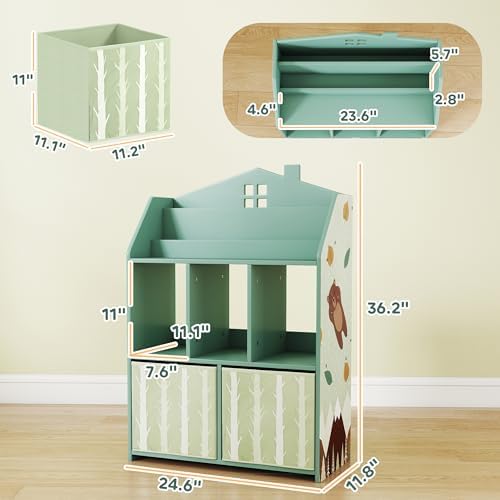 Qaba Kids Bookshelf with Toy Storage, Children's Bookcase with Book Display, Shelves and Fabric Drawers, Toy Organizer for Playroom and Nursery, Green - 2