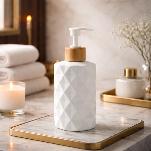 Image of Luxe Home International Faceted Pattern Glass Soap Dispenser for Bathroom and Kitchen Sink Leak Proof Liquid Hand Wash Round Bottle Lightweight Matte Finish (17.5x7.5 cm White) Pack of 1