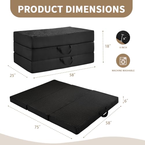 Image of Foldable Mattress Queen Size, 6 inch Trifold Mattress Futon Murphy Bed,Black