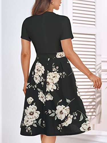 Image of YATHON Womens Elegant Print Notched Neck Slant Pocket Pleated Hem Casual A-Line Dress