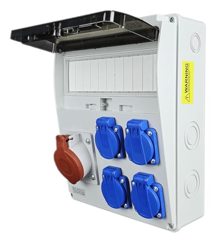 RoadEu - Quadro Elettrico di Distribuzione Industriale. CEE 32A con 4 prese Schuko da 230V. Completamente cablato, per uso interno ed esterno. Ideale per il garage, il capannone o la fabbrica