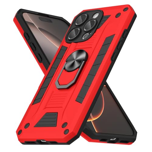 oakxco for iPhone 16 Pro Case with Magnetic Ring Stand Holder, Rugged Grip Military-Grade Drop Proof Camera Protection Phone Case with Kickstand, Heavy Duty Hard Shell Cover for Men Women, Red