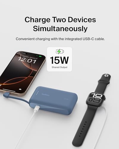 Image of Belkin Portable Charger Power Bank USB C, 10000 mAh w /Integrated Cable, 20W Fast Charge USB-C Power Delivery, iPhone Charger, Apple iPhone 17, Air, Pro, Pro Max, iPad, Samsung Galaxy S25 - Blue