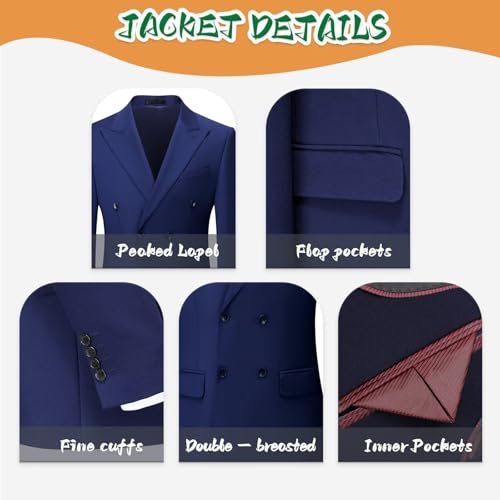 3 Pieces Tuxedo Suits for Men Peak Lapel Double Breasted Blazer Shirt Jacket Pants Set with Polka Dot Tie3