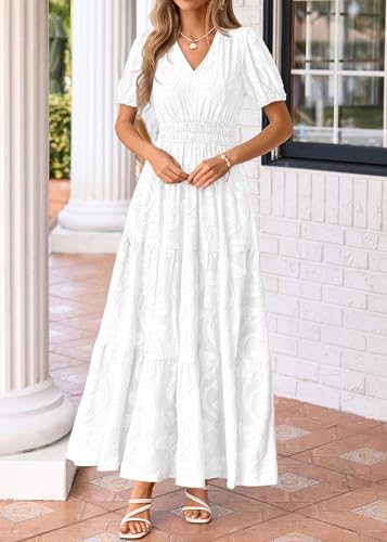 Image of KIRUNDO Summer Dresses for Women 2026 Boho Flowy Casual Short Sleeve V Neck Elastic Waist Floral Long Baby Shower Maxi Dress