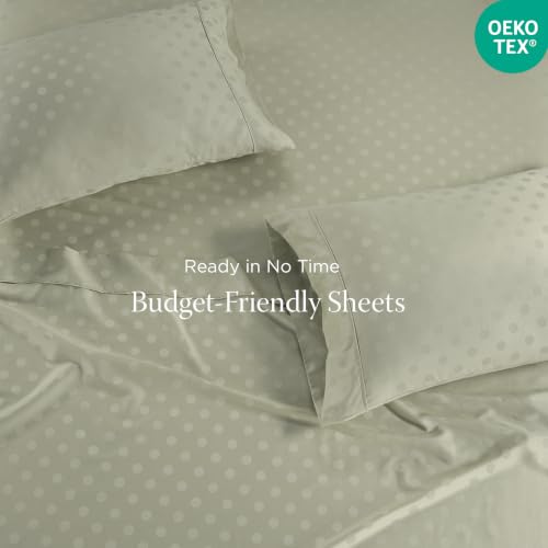 Image of Threadmill 300TC Cotton Full Sheet Set, Sateen, Jacquard, Sage Green | 100% Cotton, Sateen Weave, Jacquard Pattern, 4-Piece Set, 16 inch Deep Pocket, Cooling, OEKO-TEX Certified, Machine Washable