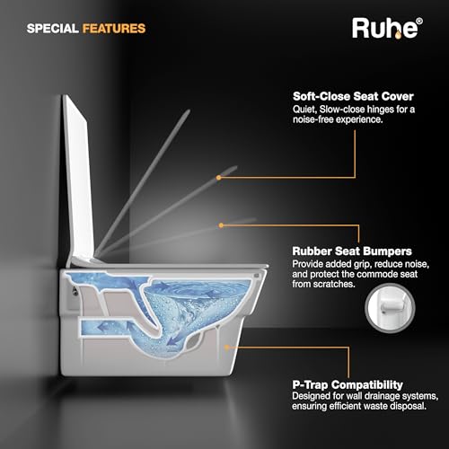 Image of Ruhe Alvo Wall-Hung Rimless Western Commode with Washdown Flushing System | P-Trap | 20.5 x 14.4 x 13.4 inches | Ceramic White Glossy Finish, Space-Saving Design | Includes Soft-Close Seat Cover