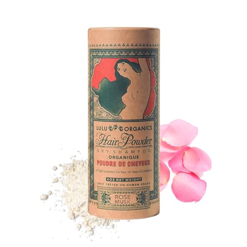 Lulu Organics Non-aerosol Dry Shampoo Powder for Dark, Blonde and Oily Hair, All Natural Shampoo Body Powder for Women and Men, Paraben & Talc free No White Cast Synthetic Fragrance, Rose Musk - 4oz