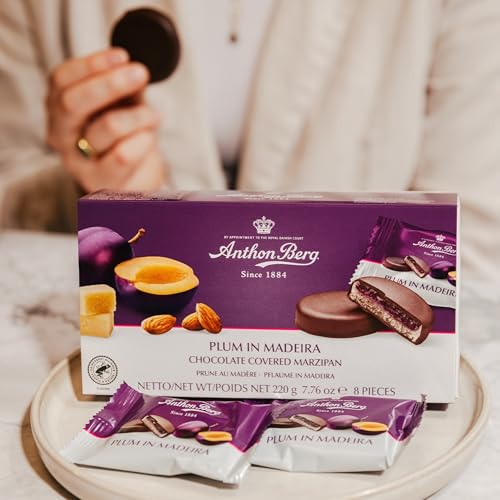 Anthon Berg Dark Chocolate Covered Marzipan Treats, Plum in Madeira, with a Delicious Jam of Fresh Fruits, 220 g Box, (Pack of 1)