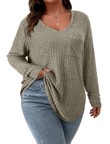 Image of Koscacy Women Plus Size Casual Knit Sweater with Pocket V Neck Solid Color Tops Lightweight Long Sleeve Blouses