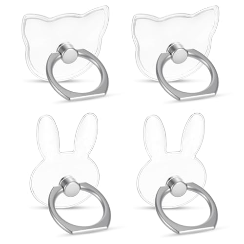 Ymapinc 4 Stück Transparent Handy Ring Halterung Tier Handy Fingerhalter 360 Grad Drehbarer Handyringhalterung Finger für die meisten Smartphones (Katze, Kaninchen)