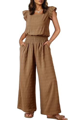 Dokotoo Womens Plus Size Khaki Jumpsuits for Women Overalls Loose Casual Wide Leg One Piece Short Sleeve Smocked Waisted Jumpsuit Long Pant Rompers Beach Clothes X-Large