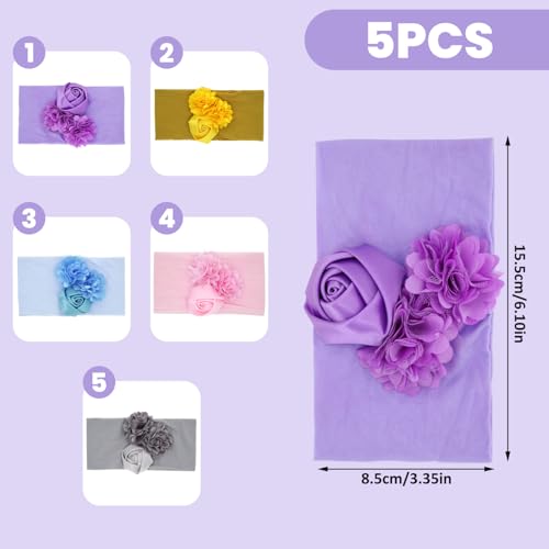 Newborn Headbands, 5PCS Elastic Breathable Nylon Baby Headbands with Chiffon Rose for Baby Girls Newborn Infant Toddlers Kids4