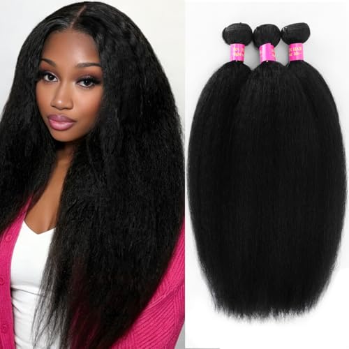 Kinky Straight Bundles 16 18 20 Inch Yaki Straight Bundles 12A 100% Unprocessed Brazilian Virgin Kinkystraight Human Hair Bundles For WomenSilky Soft No Shedding No Smell No Tangle