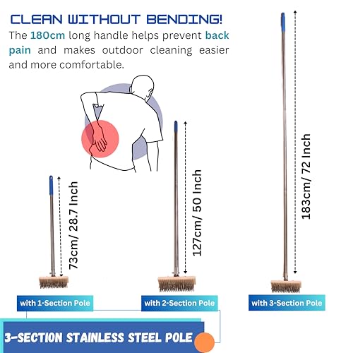 Image of Stainless Steel Wire Heavy Duty Hard Floor Brush 20cm Durable Metal Wooden Brush with 70 inch Long Stainless Steel Pole for Bathroom,Swimming Pool,Terrace,Garden,Block,Moss,Stains Cleaning