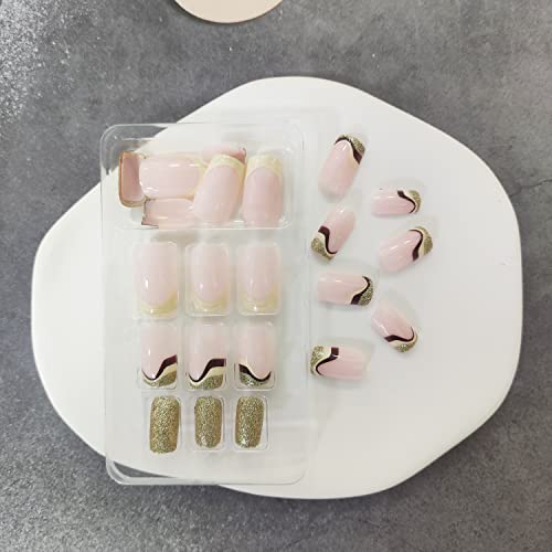 Short Press On Nails Square Acrylic Fake Nails Pink Gold Foil Stripe Tip False Nails With Designs Full Cover Artificial Glue On Nails Stick On Nails For Women And Girls 24 Pcs #TOP3