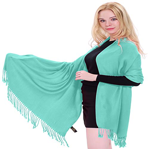 CJ Apparel Cyan Blue Green Solid Color Tassels Design Nepalese Shawl Seconds Scarf Wrap Stole Throw Head Wrap Pashmina Hand Made in Nepal New Pashmina New2