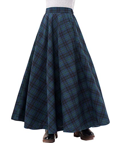 Femiserah Women's Elastic Waist A Line Long Maxi Plaid Wool Skirt Vintage Wool Skirt (Length 90cm/Waist 73cm to 90cm, Dark Green)