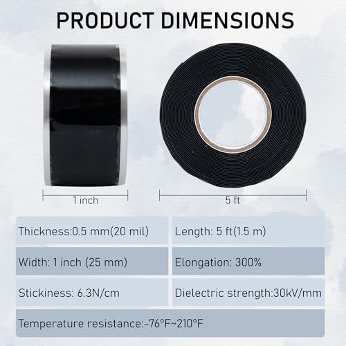 Image of Self Fusing Silicone Tape for Leak Proof 1 Inch Wide and 5 Ft Long Waterproof Rubber Hose Repair Tape for Water Wrap Seal Pipe, Black (1)