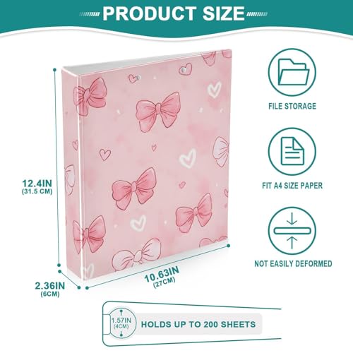 Image of White Pink Bow Heart 3 Ring Binder with 2 Interior Pockets 1.5 inch Binders 3 Ring Heavy Duty Fit 8.5 inch x 11 inch Letter Size for Office School, 2 Pack