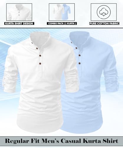 Image of FINIVO FASHION Combo of Men's Cotton Blend Solid Regular Fit Full Sleeve Straight Short Kurta Shirt, Casual and Formal Wear
