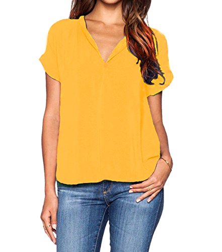 roswear Women's Casual Blouse V Neck Short Sleeve Top Shirts Yellow Medium