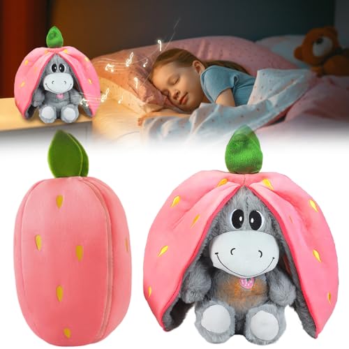 Rppiup Atmendes Kuscheltier, Esel Kuscheltier mit Atembewegung und Musik, Weiches Schlafender Plüsch Esel mit Warmem Licht, Schlummer Kuscheltiers für Neugeborene und Junge Mütter (Erdbeere)