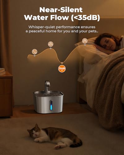 Katzenbrunnen Edelstahl 2,2L | Super Leise Trinkbrunnen für Katze mit Kabel | Katzen Trinkbrunnen mit 5-stufiges Filtersystem & LED-Licht | Einfach zu Reinigen | mit 4 Aktivkohlefilter