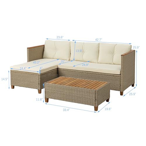 WiberWi Patio Furniture Set 3 Piece Outdoor Sectional Sofa Couch All Weather Rattan Wicker Conversation Set with Acacia Wood Coffee Table for Backyard Porch Garden Balcony, Waterproof, Beige