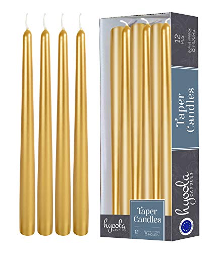 Hyoola Tall Taper Candles - 10 Inch Metallic Gold Dripless Unscented Dinner Candle - Paraffin Wax with Cotton Wicks - 8 Hour Burn Time (Pack of 12)