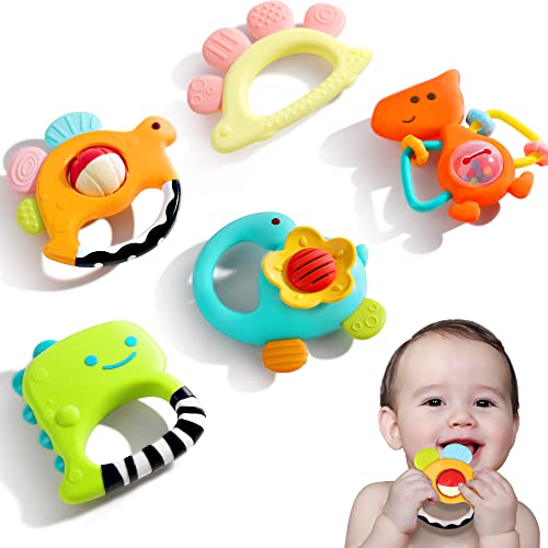Image of iPlay, iLearn Dinosaur Baby Rattles, Infant Shaker, Newborn Grab N Shake Rattle, Sensory Teether, Development Learning Teeth Toy, Birthday Shower Gifts for 3 4 5 6 7 8 9 10 12 Month Babies Boy Girl