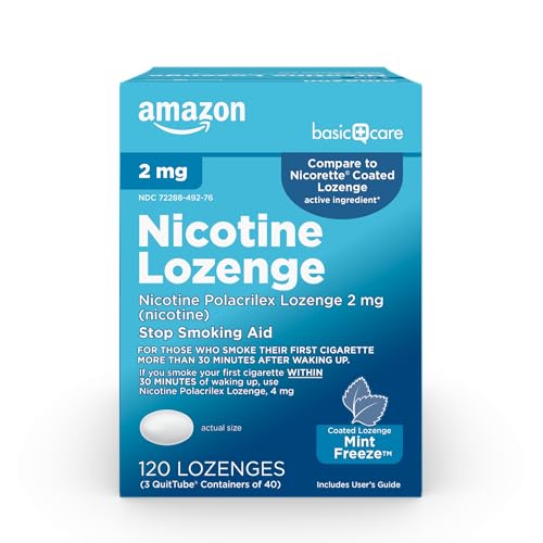 Image of Amazon Basic Care Coated Ice Mint Nicotine Polacrilex Lozenges, 2 mg, Stop Smoking Aid, 120 Count