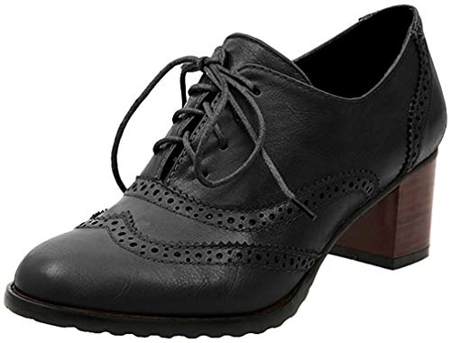 Damen Vintage Klassisch Brogue Oxfords Schuhe Lace up PU Leder Kleid Schuhe Chunky Heel Mittler Blockabsatz Stiefeletten Pumps 3 Farben 35-43