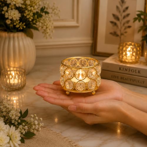 Image of Easyera Beautiful Lotus Tealight Holder Candle Stand Metal Home Decoration Festival Occasions Diwali (Not Include Glass Candle) Golden Pack ((Golden) Mini Lotus 4 /Crystal Holder 4)
