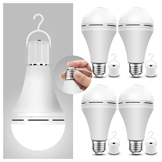 4 Pack Emergency-Rechargeable-Light-Bulb, Stay Lights Up When Power Failure, 1200mAh 15W 80W Equivalent LED Light Bulbs for Home, Camping, Tent (E27, with Hook) (Daylight)