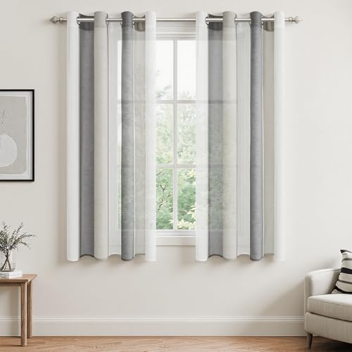 MRTREES Voile Gardinen Kurz Vorhang Halbtransparent Streifen Stores Schals...